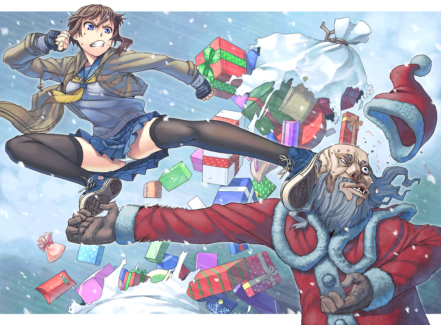 blue_eyes, brown_hair, christmas, gloves, hat, itou_(onsoku_tassha), kick, original, panties, santa_claus, santa_costume, santa_hat, school_uniform, skirt, snow, tagme, thighhighs, underwear