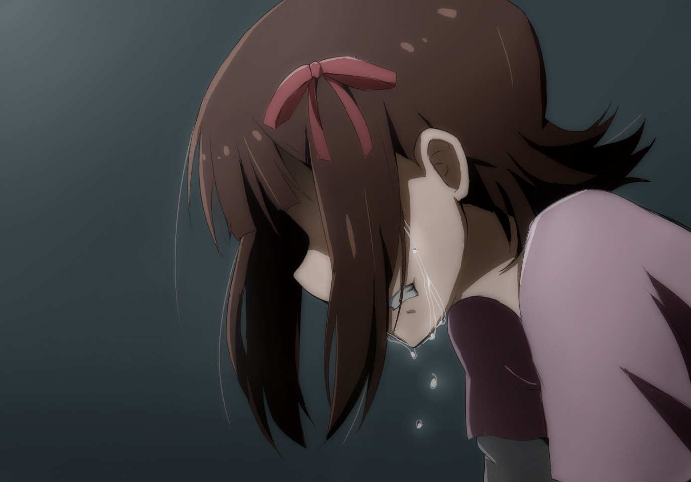 amami_haruka, bow, brown_hair, crying, gradient, idolmaster, rariemonn, tears