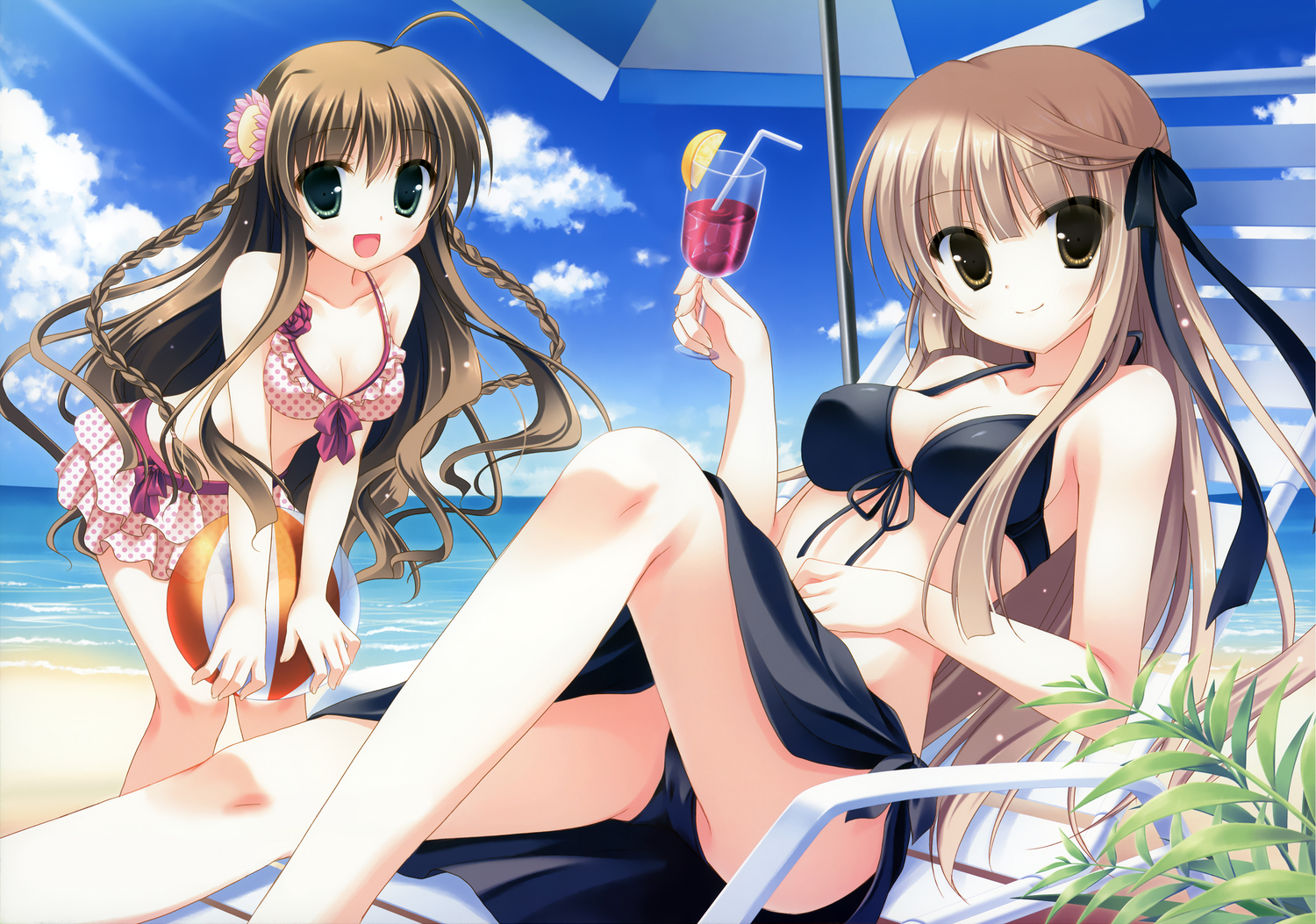 2girls, ball, beach, bikini, drink, kanbe_kotori, long_hair, rewrite, senri_akane, swimsuit, yukie