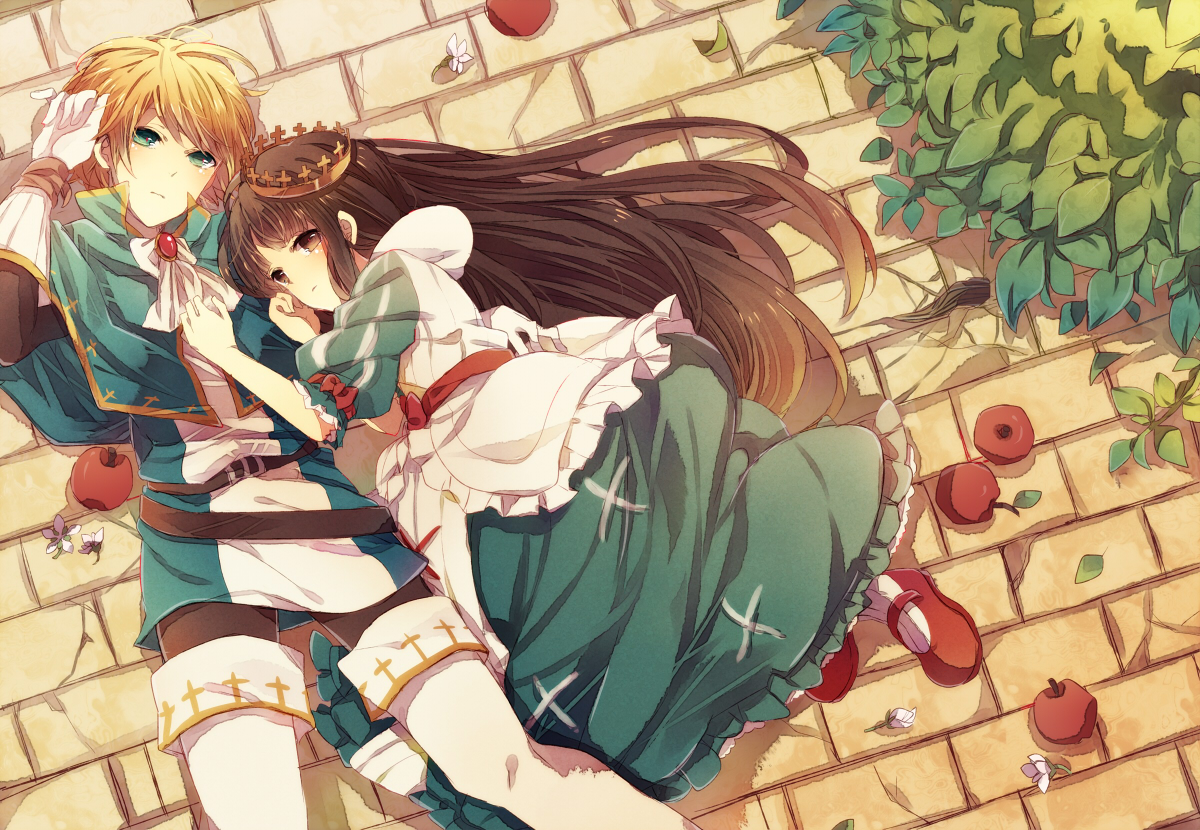 apple, blonde_hair, blue_eyes, boots, brown_eyes, crown, flowers, food, fruit, gloves, long_hair, marchen, mugi_(twinbox), schneewittchen, short_hair, sound_horizon, tettere, thighhighs