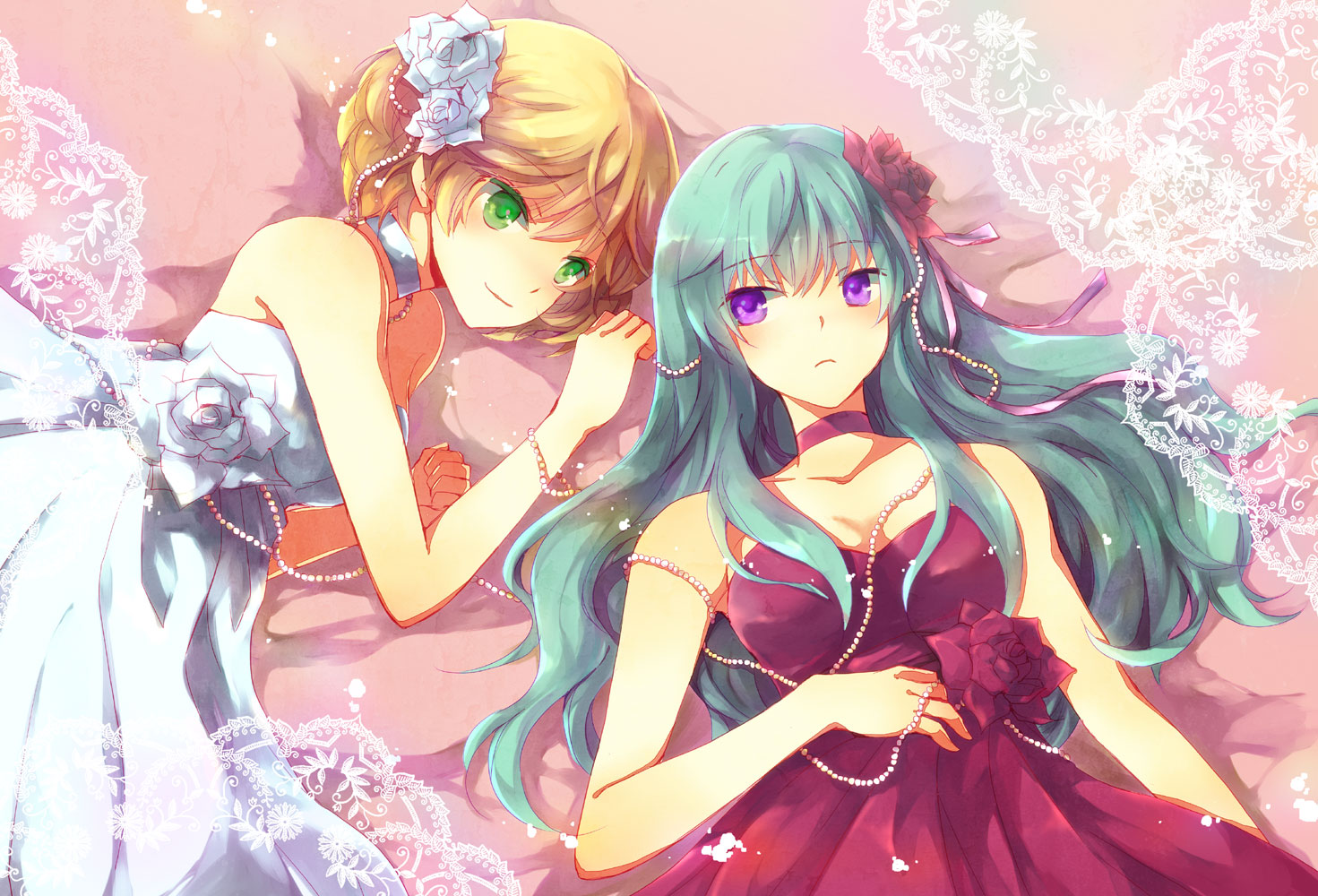 aqua_hair, blonde_hair, dress, flowers, green_eyes, purple_eyes, rishi_(kurou), tagme