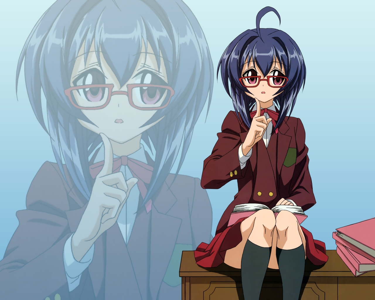 blue_hair, blush, book, glasses, kneehighs, mahou_sensei_negima, miyazaki_nodoka, pink_eyes