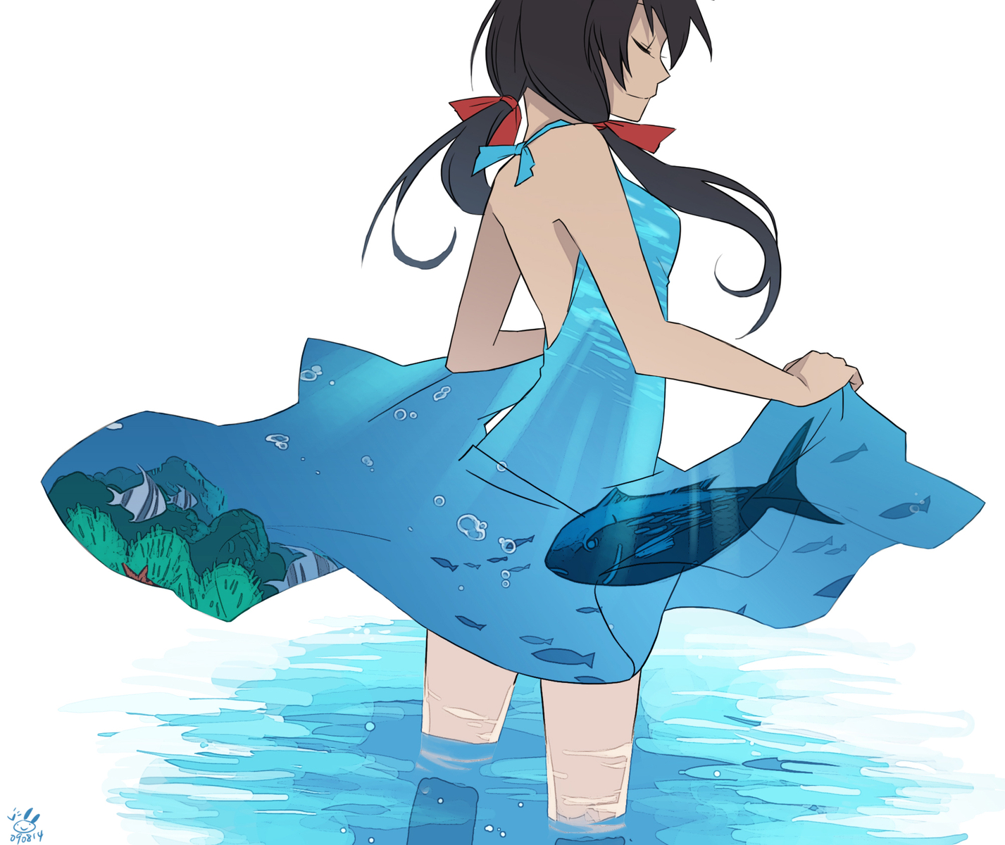 animal, anthropomorphism, axis_powers_hetalia, brown_hair, dress, fish, ribbons, seychelles_(hetalia), water, white
