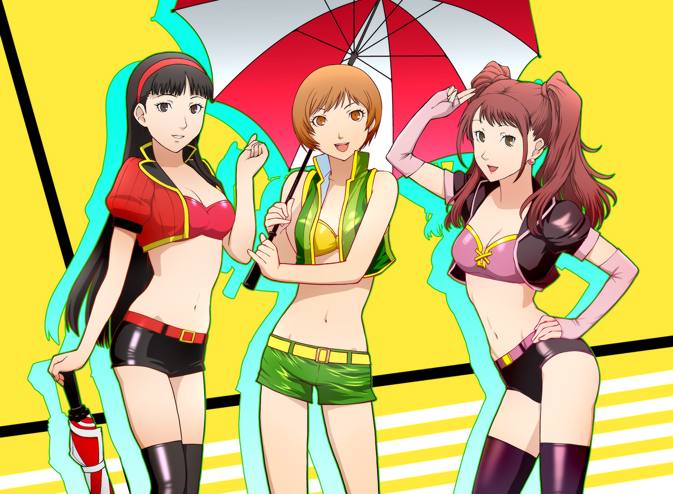 amagi_yukiko, bikini_top, kujikawa_rise, persona, persona_4, satonaka_chie, thighhighs, ueyama_michirou