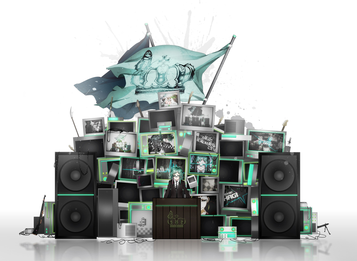 glasses, green_hair, gumi, gun, ohagi_(ymnky), sword, vocaloid, weapon