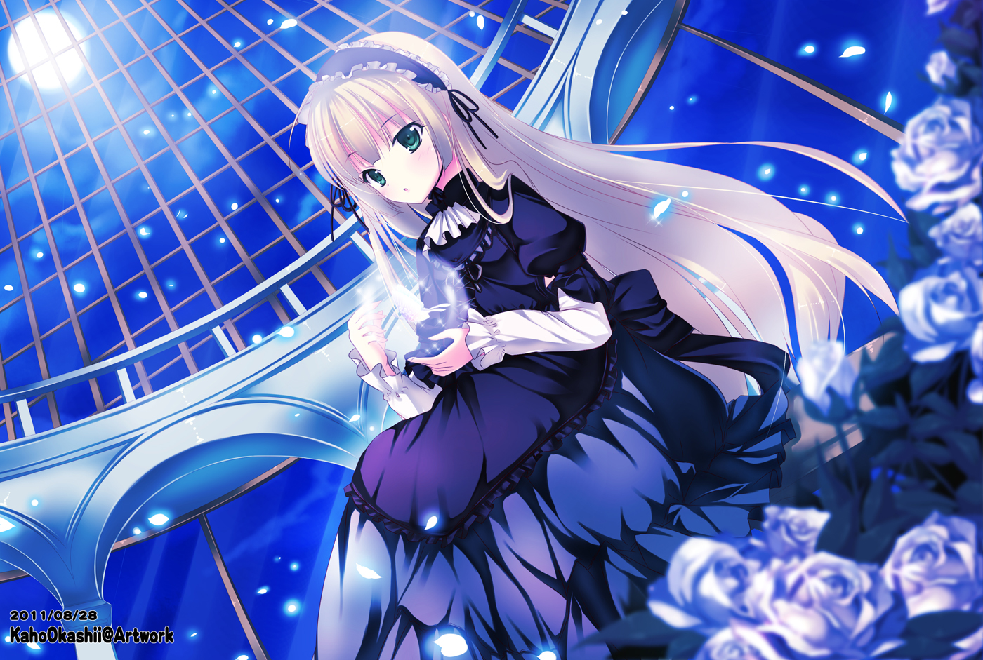 dress, flowers, gosick, kaho_okashii, lolita_fashion, long_hair, moon, victorique_de_broix