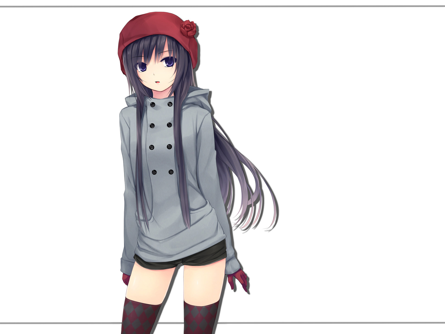 black_hair, coffee-kizoku, gloves, hat, hood, long_hair, original, purple_eyes