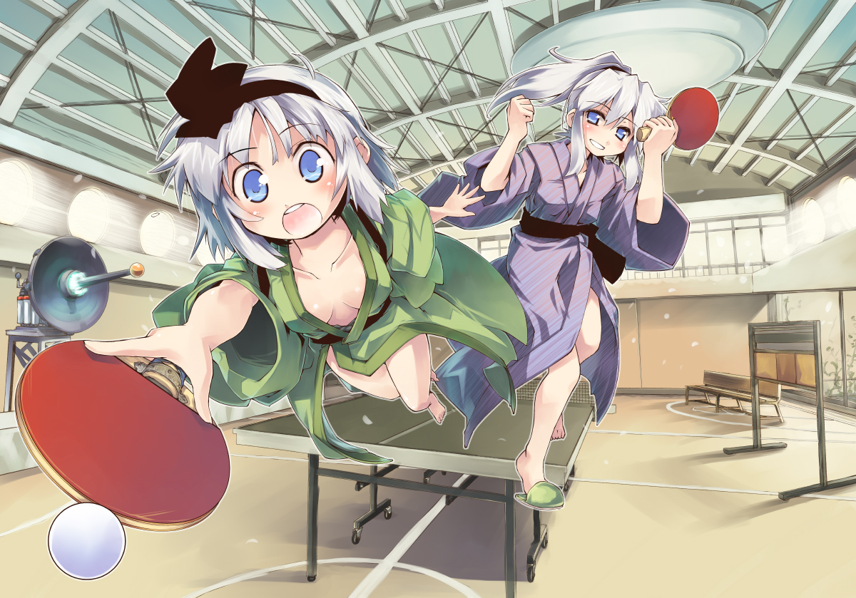 ball, blue_eyes, breasts, cleavage, izayoi_sakuya, japanese_clothes, konpaku_youmu, nanaroku_(fortress76)