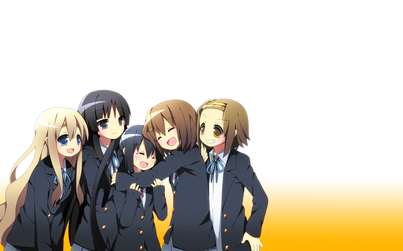 akiyama_mio, black_eyes, black_hair, blonde_hair, blue_eyes, brown_eyes, brown_hair, hirasawa_yui