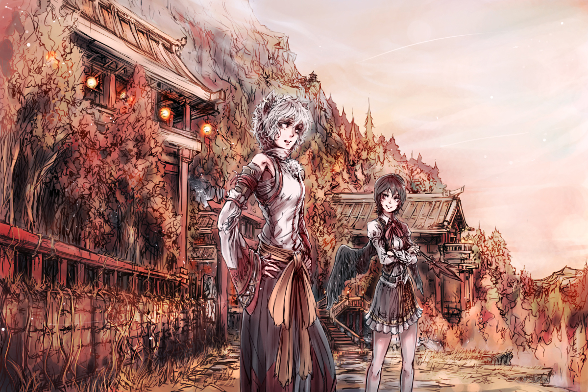 2girls, animal_ears, black_hair, gray_hair, inubashiri_momiji, kurkoboltsi, shameimaru_aya, touhou, tree, wings, wolfgirl