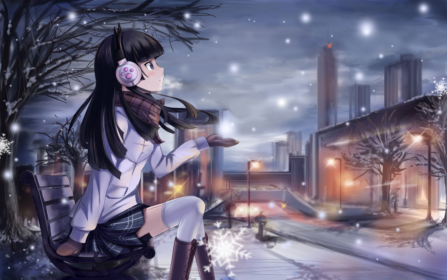 animal_ears, black_hair, blue_eyes, blush, boots, city, edogawakid, gloves, gokou_ruri, headphones, long_hair, ore_no_imouto_ga_konna_ni_kawaii_wake_ga_nai, scarf, skirt, snow, thighhighs, tree, umbrella, winter