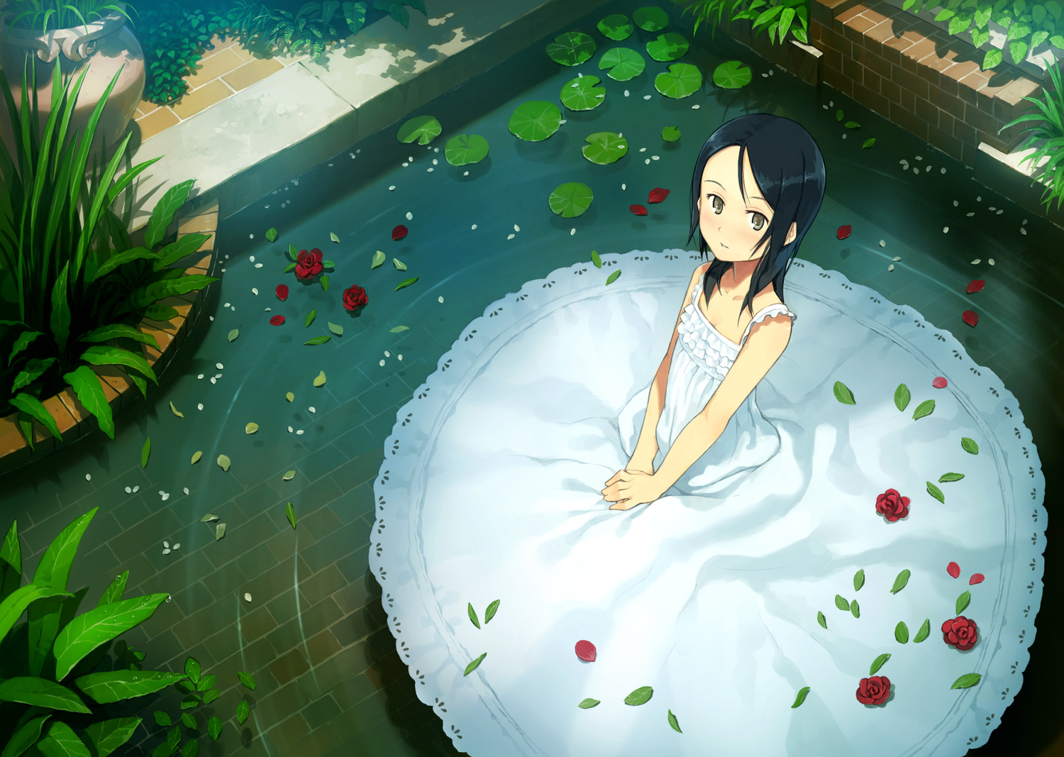 black_hair, dress, flowers, original, summer_dress, water, yoshida_seiji