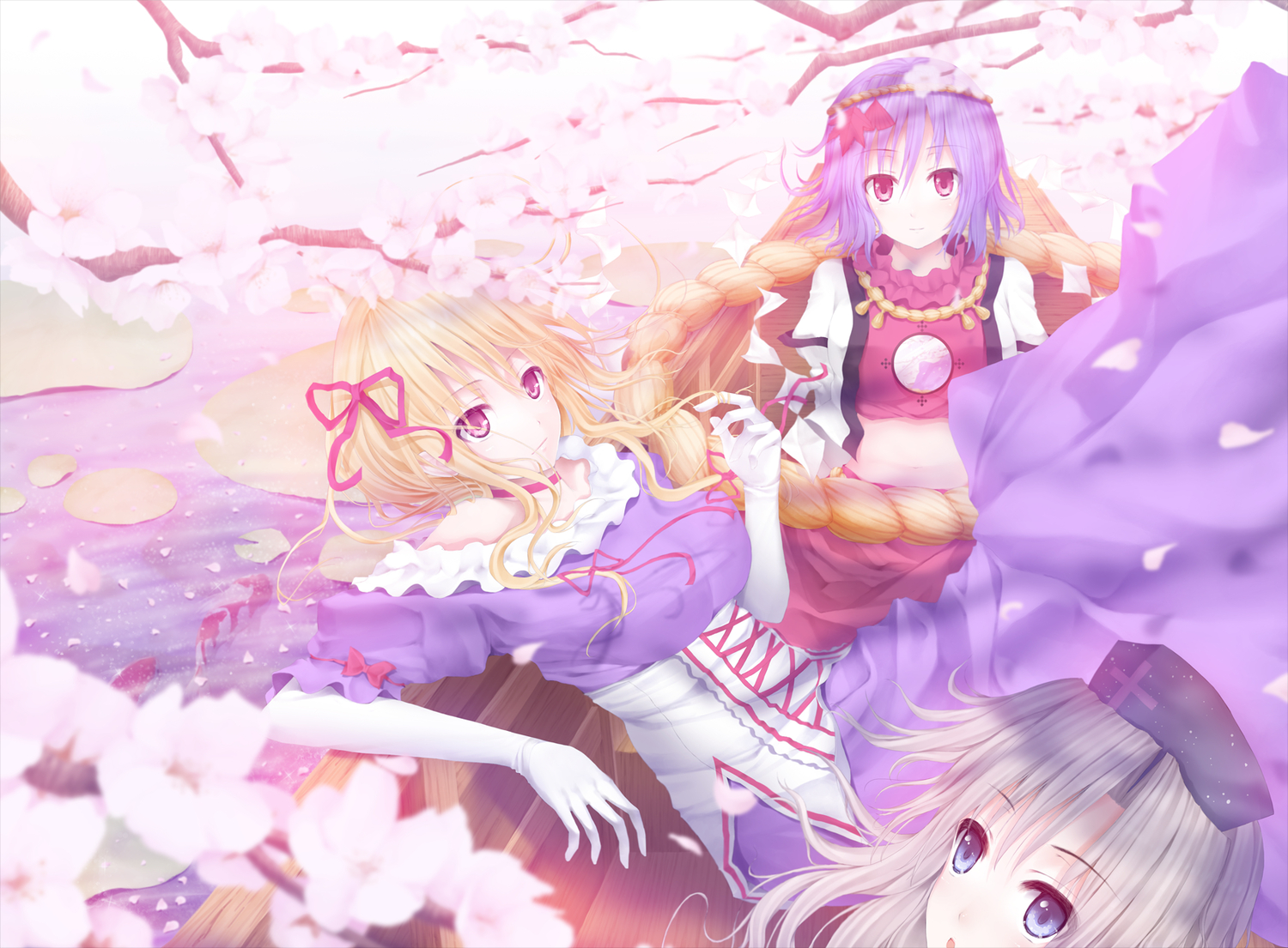 dress, flowers, petals, tamamono_atae, touhou, yagokoro_eirin, yakumo_yukari, yasaka_kanako