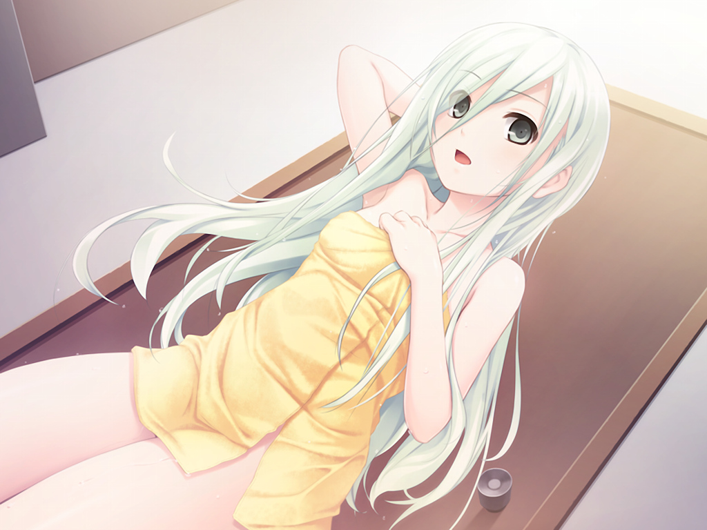 coffee-kizoku, cure_girl, game_cg, green_eyes, green_hair, kagamihara_itsuha, long_hair, towel, wet
