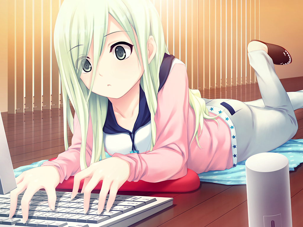 coffee-kizoku, computer, cure_girl, game_cg, green_eyes, green_hair, kagamihara_itsuha, long_hair