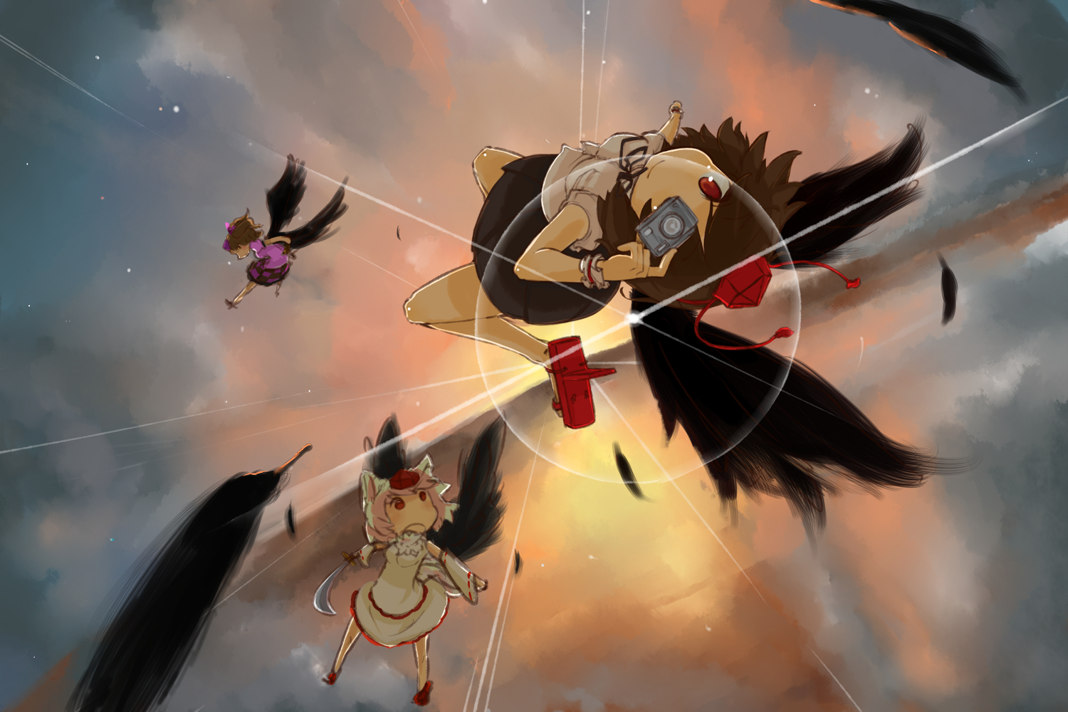 animal_ears, arai_seiryuu, brown_hair, camera, clouds, feathers, gray_hair, hat, himekaidou_hatate, inubashiri_momiji, red_eyes, shameimaru_aya, short_hair, sky, sword, tail, touhou, weapon, wings, wolfgirl