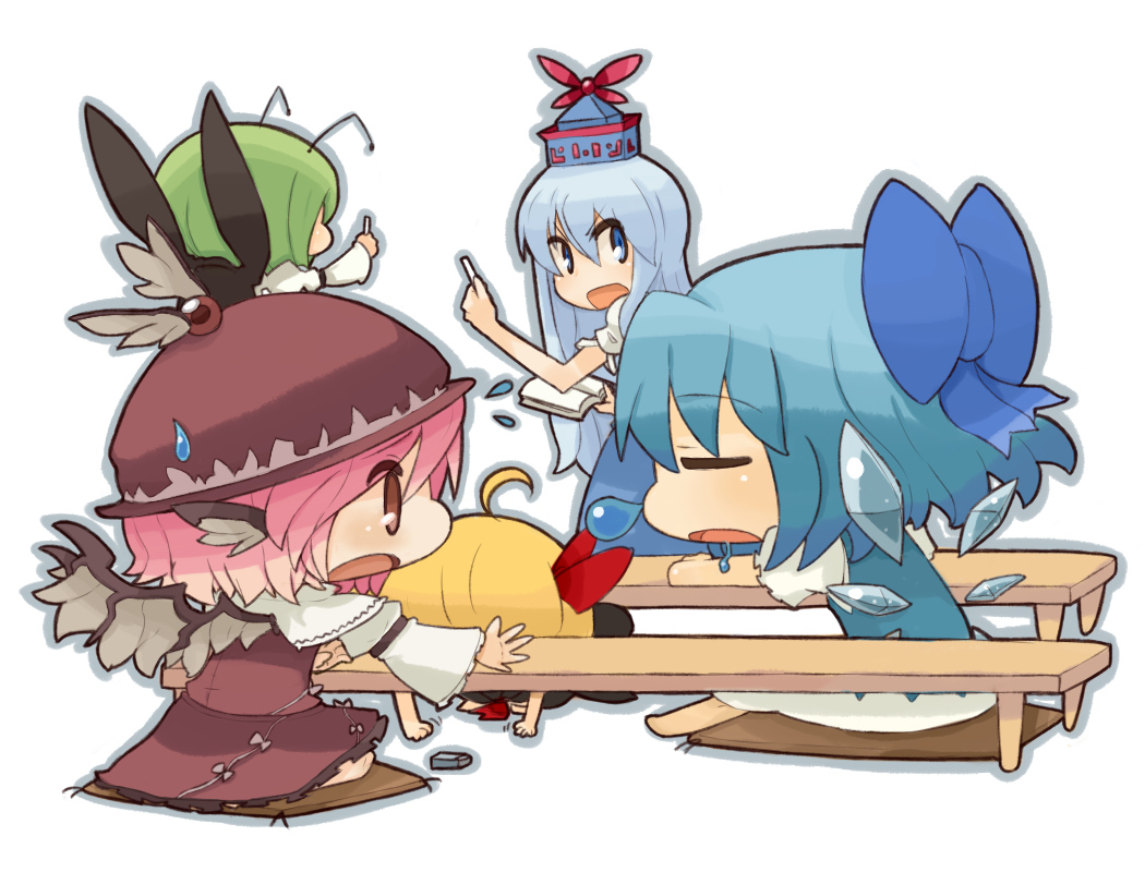 arai_seiryuu, blonde_hair, blue_eyes, blue_hair, blush, book, bow, chibi