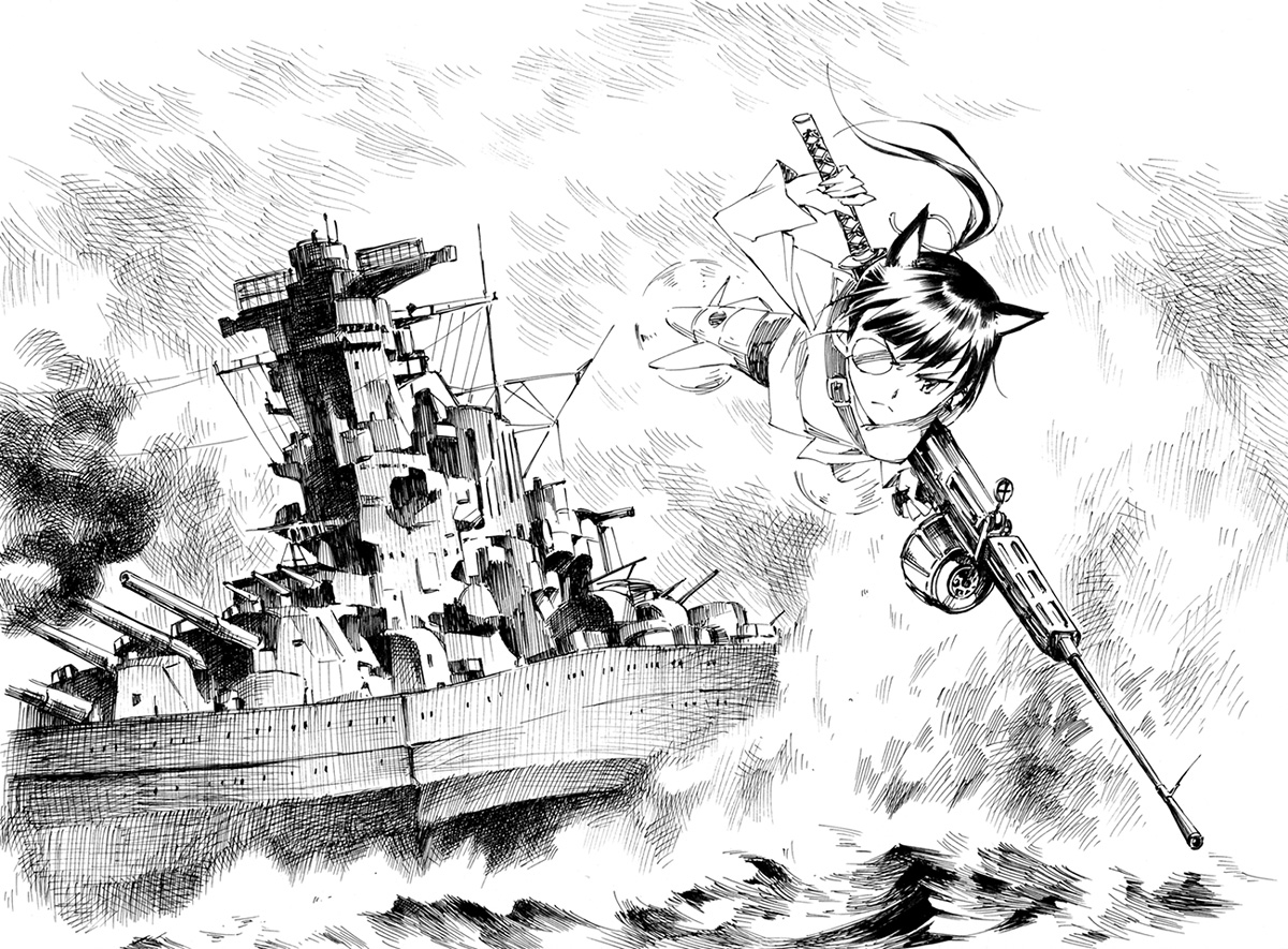 agahari, boat, combat_vehicle, gun, long_hair, monochrome, ponytail, sakamoto_mio