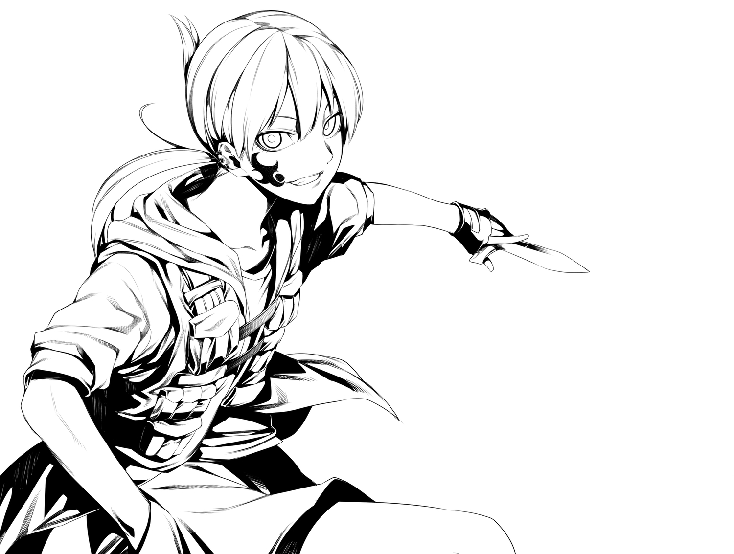 all_male, gloves, knife, male, monochrome, ponytail, rby, tattoo