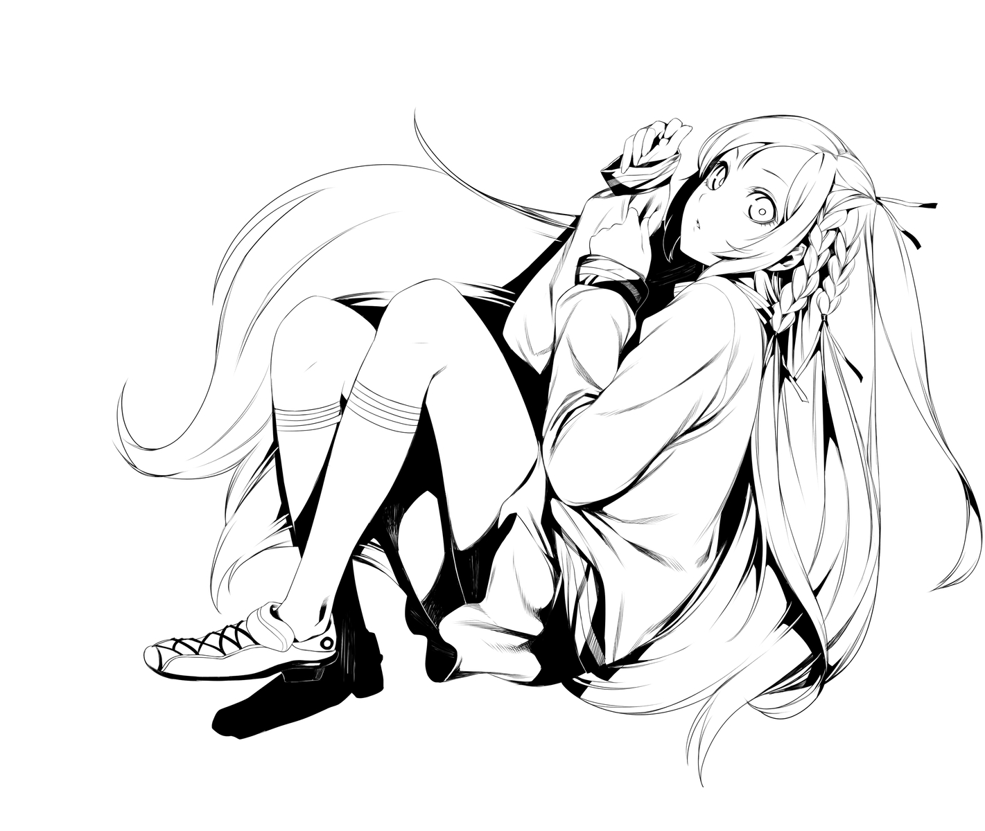 braids, kneehighs, kunagisa_tomo, long_hair, monochrome, rby, zaregoto_series