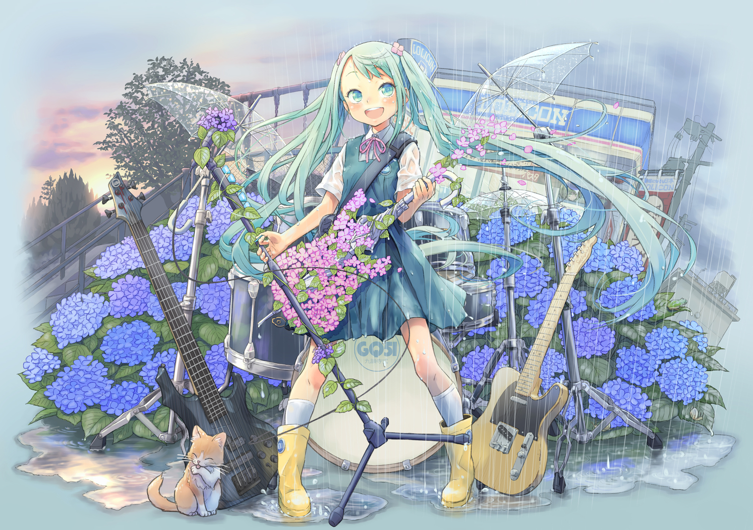 animal, aqua_eyes, aqua_hair, cat, drums, flowers, guitar, hatsune_miku
