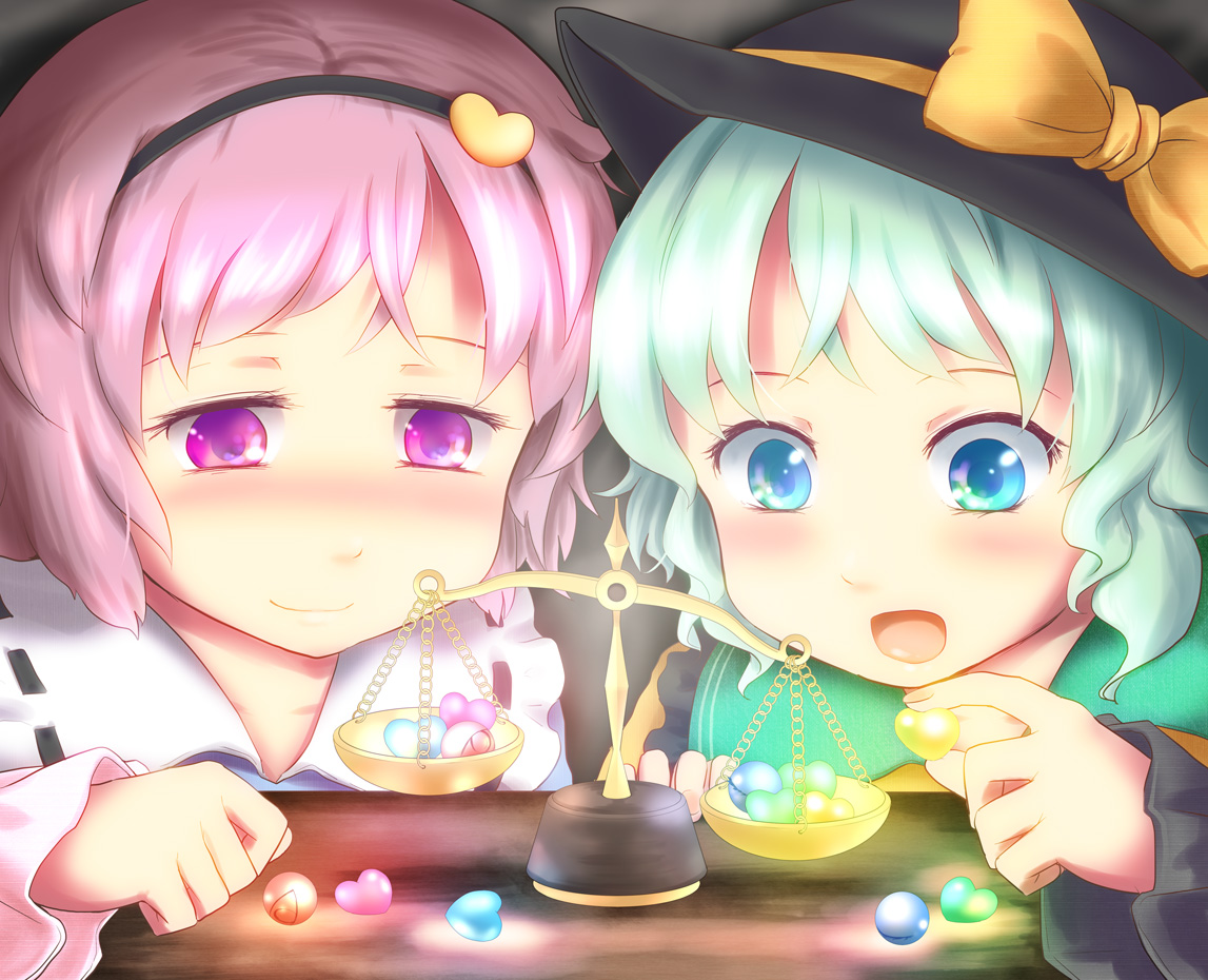 aqua_eyes, komeiji_koishi, komeiji_satori, kou_(haijindeath), pink_hair, purple_eyes, touhou