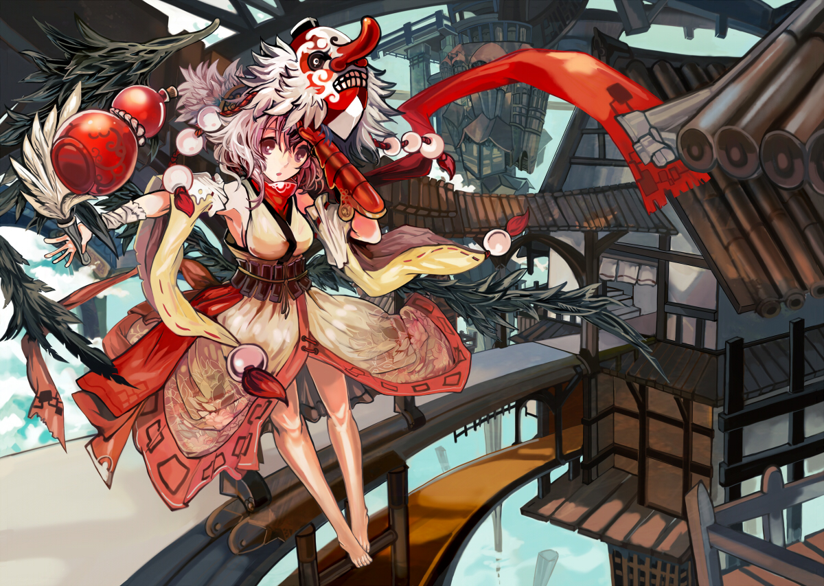 barefoot, japanese_clothes, original, red_eyes, ryuuri_susuki