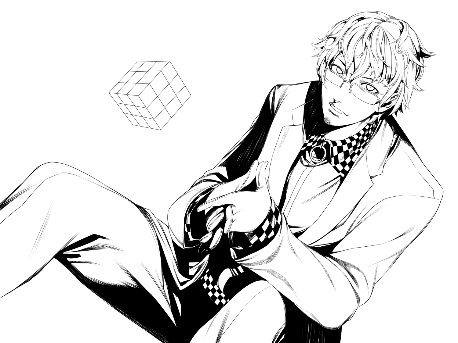 all_male, glasses, gloves, male, monochrome, rby, utsurigi_gaisuke, zaregoto_series