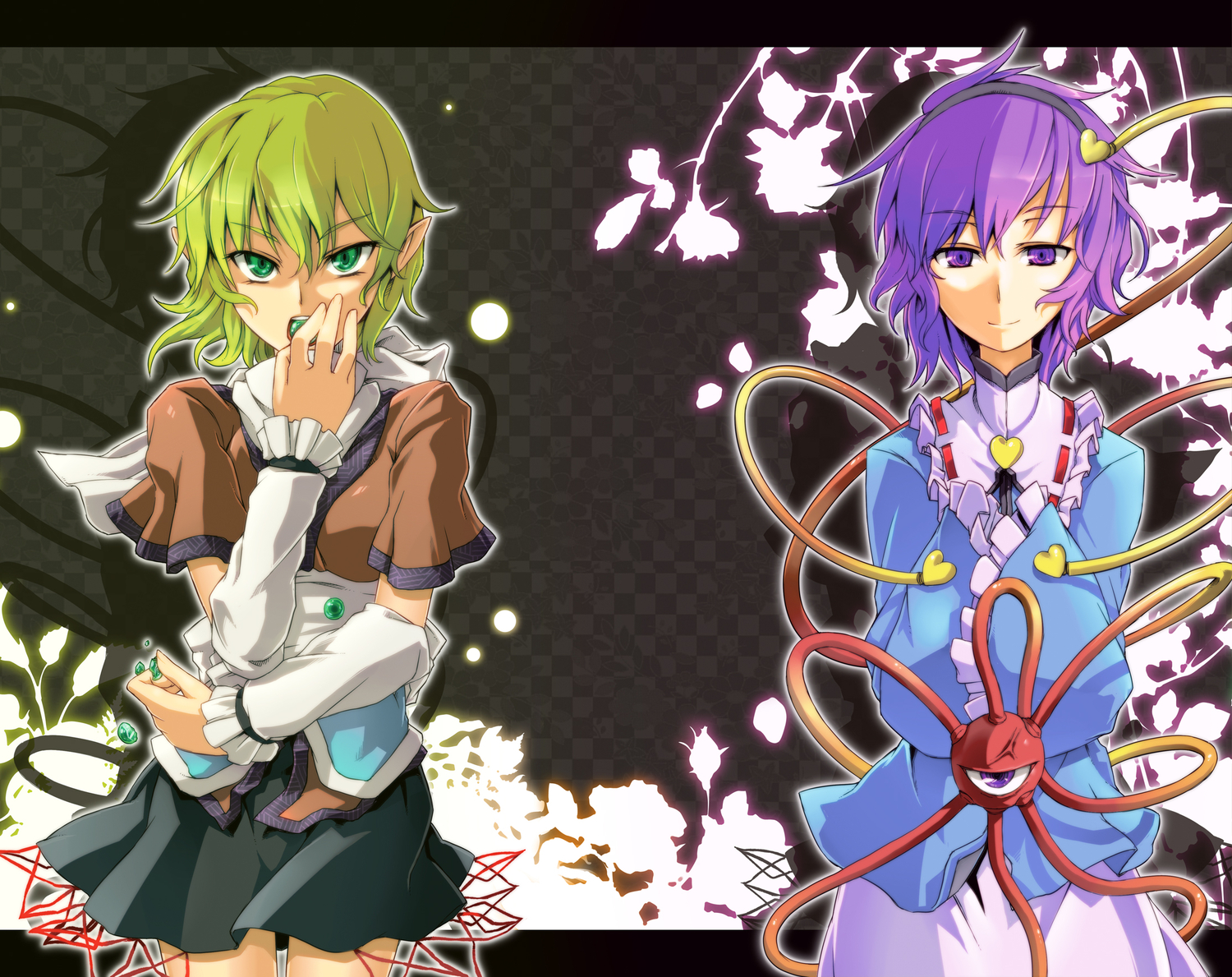 2girls, green_eyes, komeiji_satori, mizuhashi_parsee, pointed_ears, purple_eyes, purple_hair, scarf, short_hair, touhou, tsukinami_kousuke