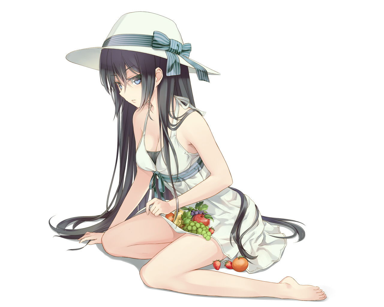 aliasing, barefoot, breasts, cleavage, dress, food, hat, long_hair, original, summer_dress, supertie, white