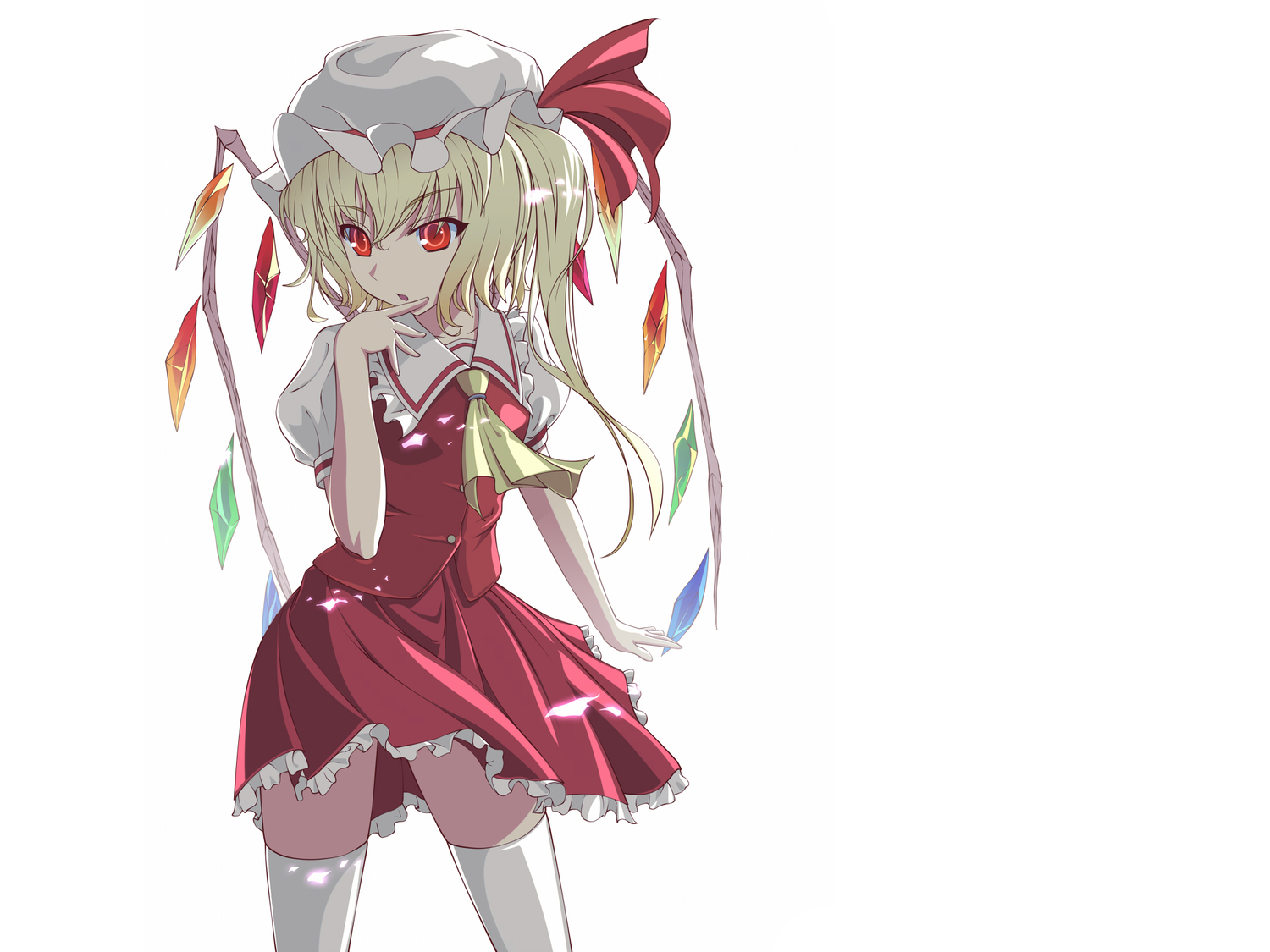 blonde_hair, flandre_scarlet, hat, short_hair, supertie, thighhighs, touhou, vampire