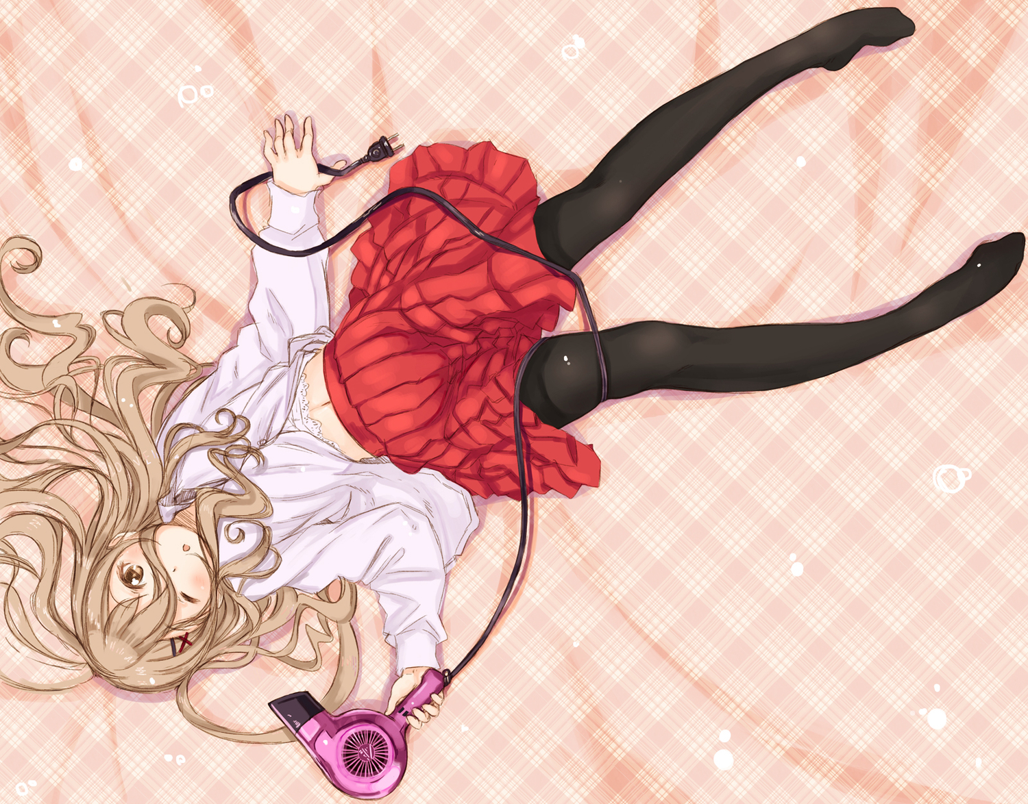 abe_kanari, brown_hair, long_hair, original, pantyhose, skirt, wink