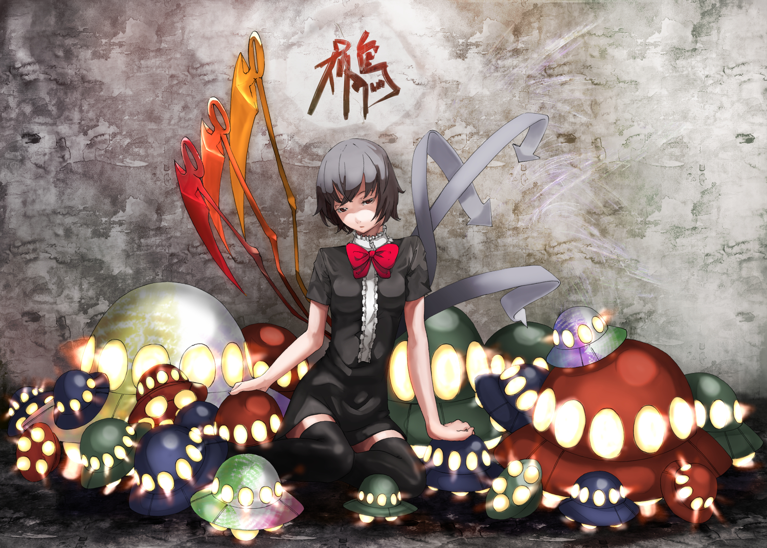 black_hair, houjuu_nue, kusakanmuri, short_hair, sousou_(sousouworks), thighhighs, touhou, wings