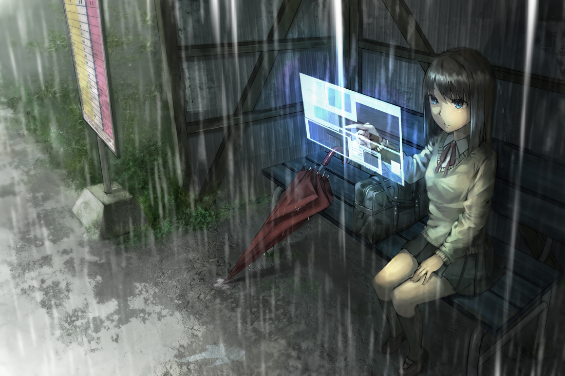 blue_eyes, original, rain, school_uniform, seafh, umbrella, water
