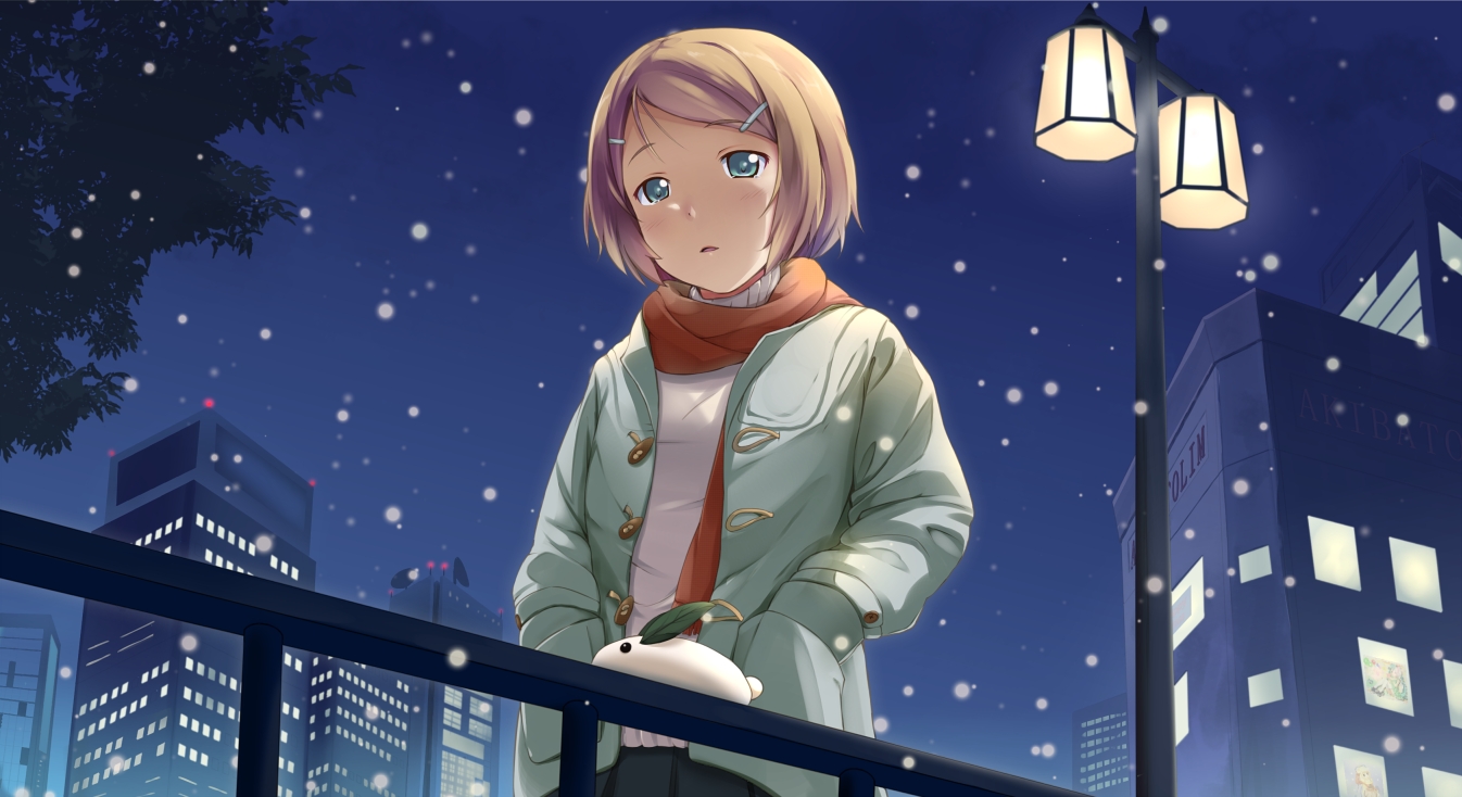 blonde_hair, building, green_eyes, kagamine_rin, kotobamaru, night, scarf, short_hair