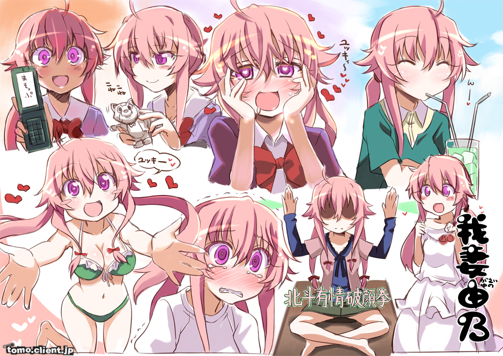 gasai_yuno, kitahara_tomoe_(artist), mirai_nikki, phone, pink_eyes, pink_hair, swimsuit, wedding_attire