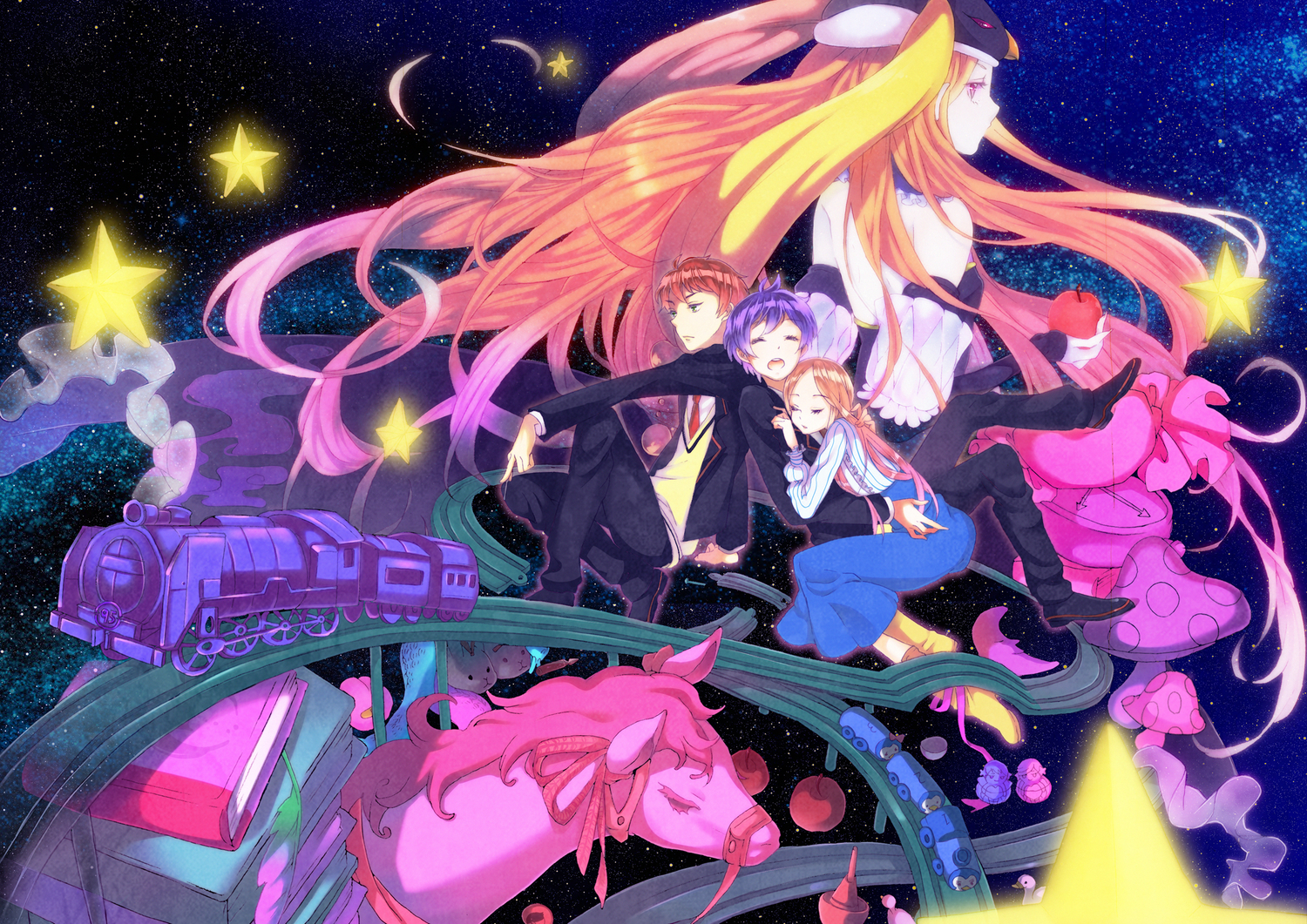 apple, food, fruit, hat, mawaru_penguindrum, paprika_8, short_hair, stars, takakura_himari, takakura_kanba, takakura_shouma, train