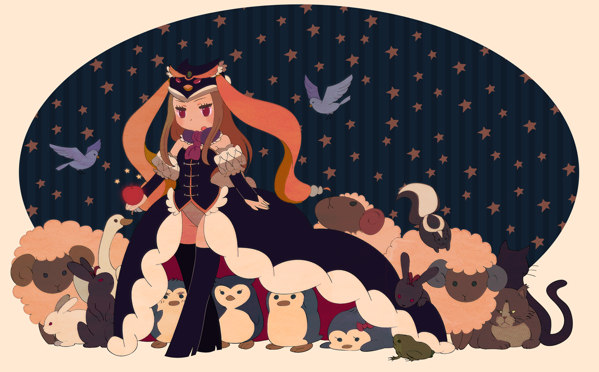 animal, apple, cat, elbow_gloves, food, frog, fruit, gloves, hat, long_hair, mawaru_penguindrum, pi_oni, takakura_himari, thighhighs