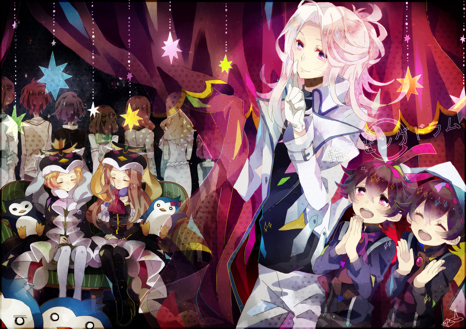 animal, bird, boots, gloves, hat, maple_(cyakapon), mawaru_penguindrum, natsume_mario, natsume_masako, oginome_momoka, oginome_ringo, penguin, school_uniform, shirase_(mawaru_penguindrum), short_hair, souya_(mawaru_penguindrum), tabuki_keiju, takakura_himari, takakura_kanba, takakura_shouma, thighhighs, tokikago_yuri, watase_sanetoshi