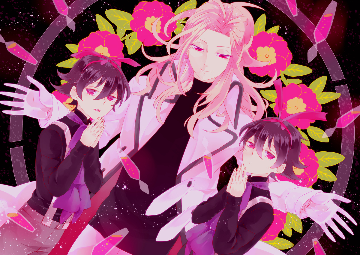 flowers, gloves, jira007, mawaru_penguindrum, pink_eyes, pink_hair, shirase_(mawaru_penguindrum), souya_(mawaru_penguindrum), watase_sanetoshi