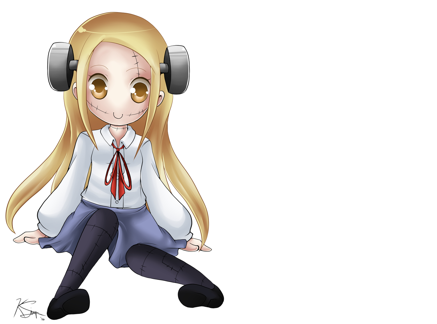 blonde_hair, chibi, franken_fran, long_hair, madaraki_fran, ninjakurohyou, pantyhose, signed, skirt, tagme, third-party_edit, white