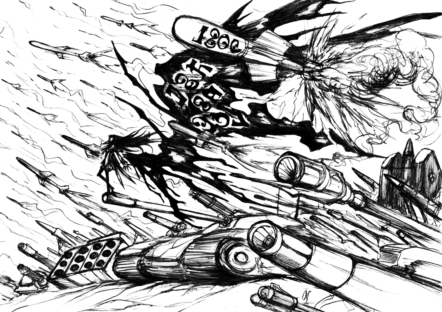 akemi_homura, black_hair, lolita_majin, long_hair, mahou_shoujo_madoka_magica, monochrome, sketch, weapon