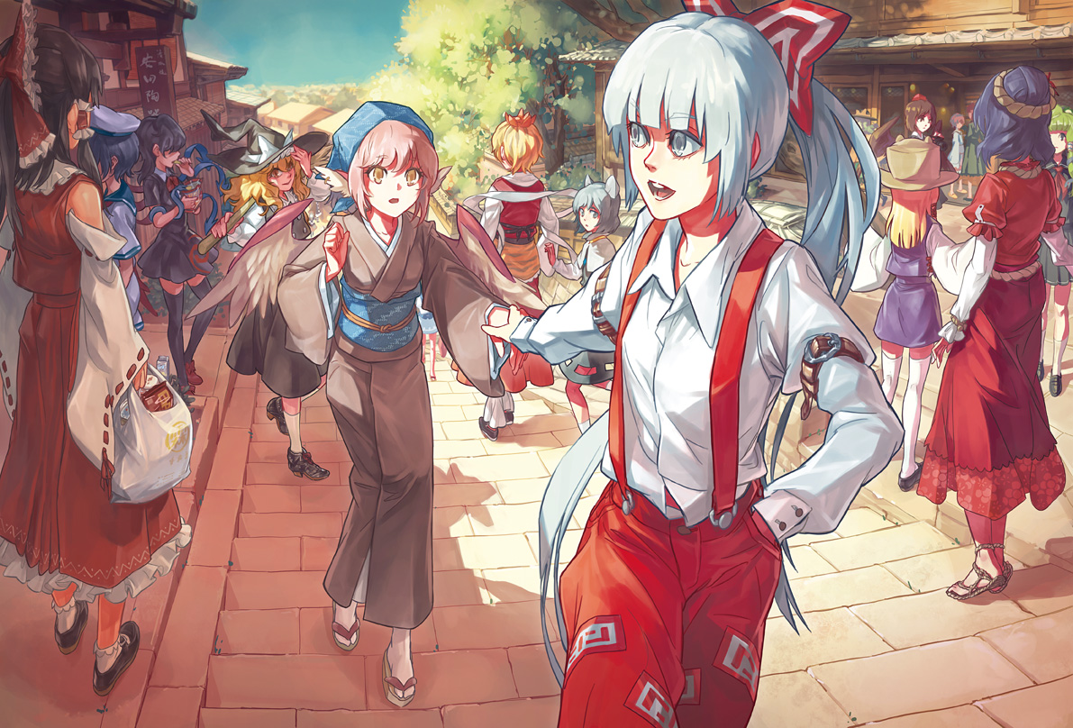 animal_ears, bow, fujiwara_no_mokou, gray_eyes, gray_hair, group, hakurei_reimu, hat, headdress, houjuu_nue, japanese_clothes, kaenbyou_rin, kirisame_marisa, kochiya_sanae, komeiji_koishi, komeiji_satori, miko, momiji_gari, moriya_suwako, mousegirl, murasa_minamitsu, mystia_lorelei, nazrin, ponytail, school_uniform, shameimaru_aya, shirt, thighhighs, toramaru_shou, touhou, witch, witch_hat, yasaka_kanako