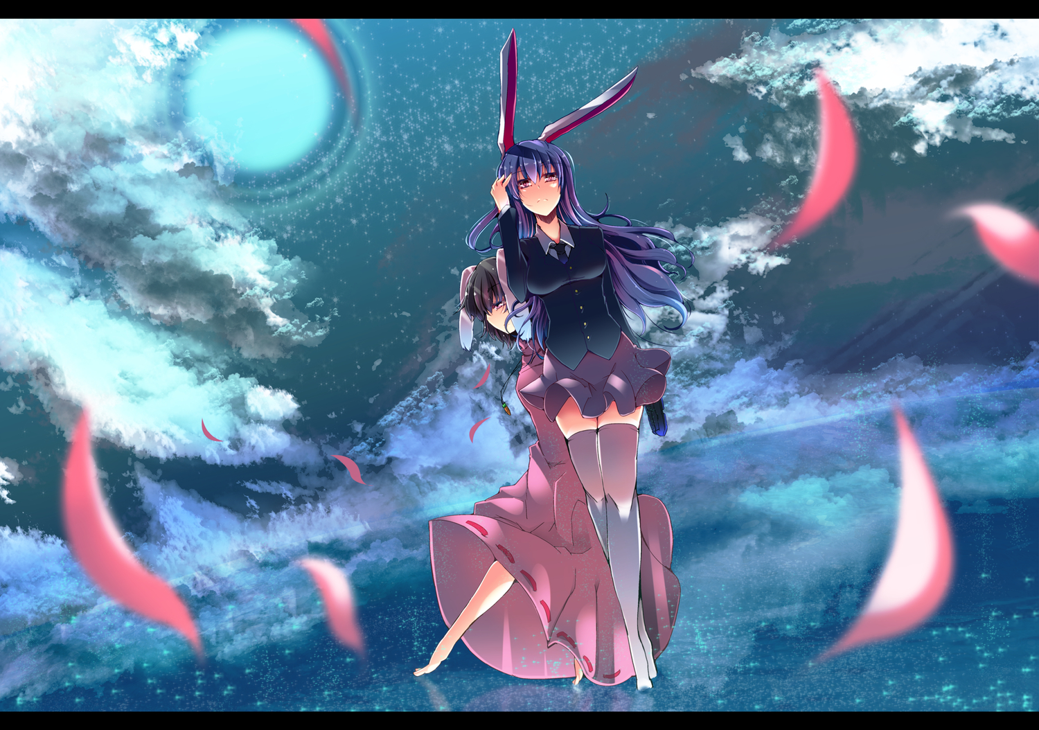 animal_ears, bunny_ears, bunnygirl, inaba_tewi, jyuuji, moon, petals, reisen_udongein_inaba, sky, thighhighs, touhou