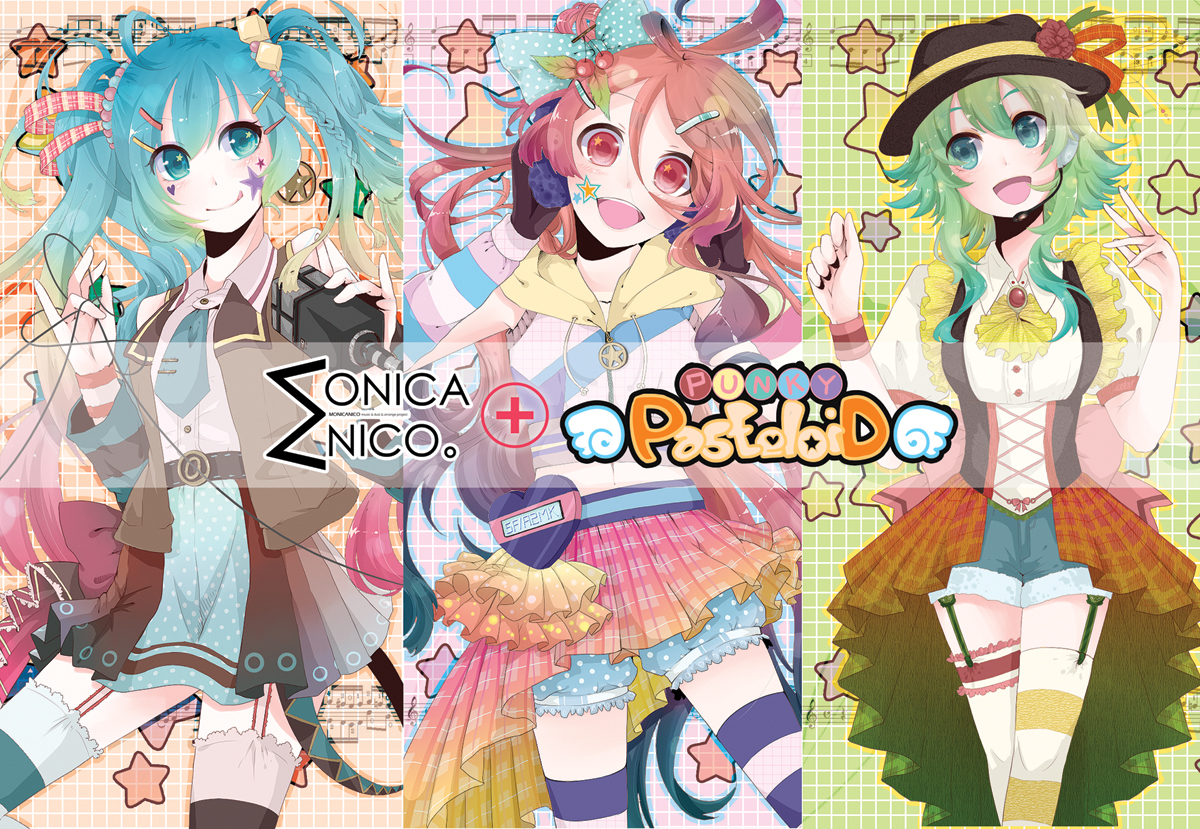 aqua_eyes, aqua_hair, bow, cherry, dress, food, fruit, green_eyes, green_hair, gumi, hat, hatsune_miku, long_hair, microphone, miki_(vocaloid), mo2ica, pink_hair, red_eyes, skirt, stars, thighhighs, tie, twintails, vocaloid
