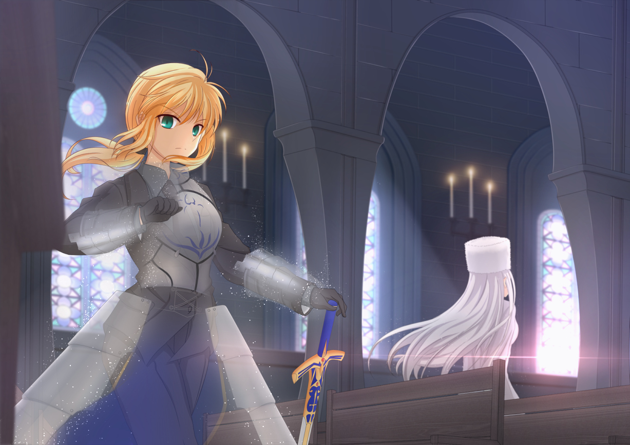 armor, artoria_pendragon_(all), blonde_hair, fate_(series), fate/stay_night, fate/zero, green_eyes, hat, irisviel_von_einzbern, saber, sevendayswar, sword, weapon