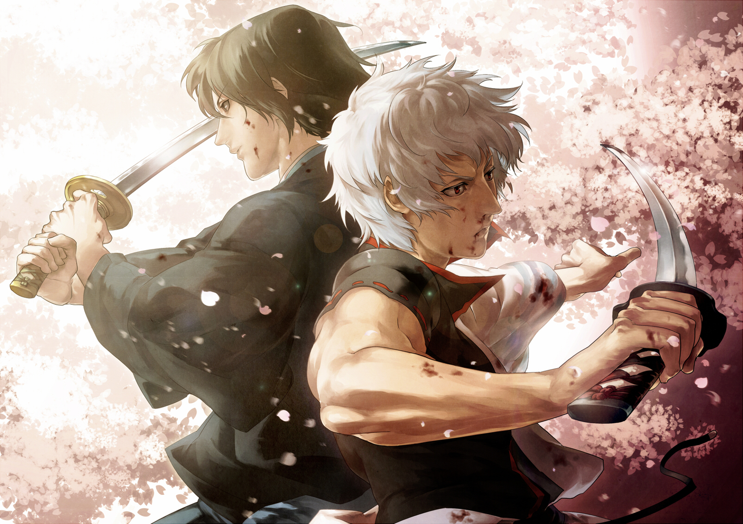 all_male, black_hair, brown_eyes, gintama, katana, katsura_kotaro, male, red_eyes, sakata_gintoki, sword, tamachi_kuwa, weapon, white_hair