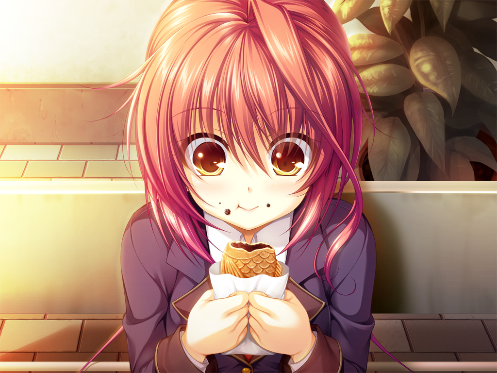 ekino-jeru_aria, food, game_cg, haruka_natsuki, red_hair, school_uniform, taiyaki, yurikago_kara_tenshi_made