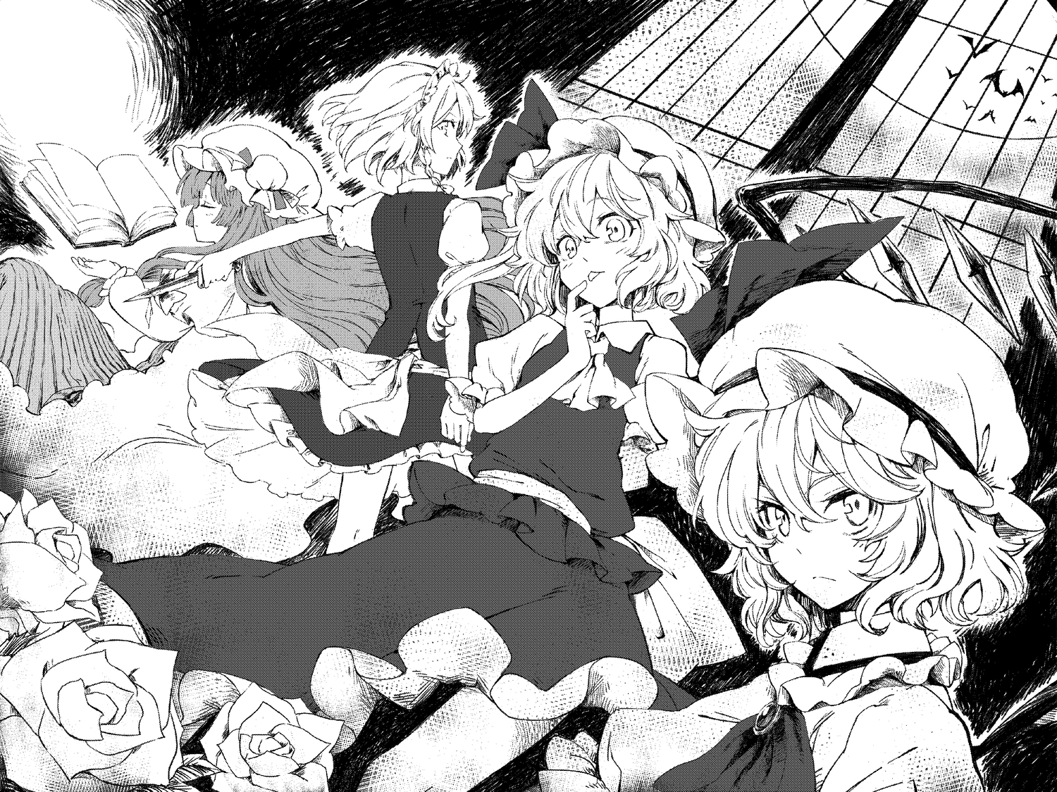 alongriver, book, flandre_scarlet, flowers, hat, izayoi_sakuya, knife, mage