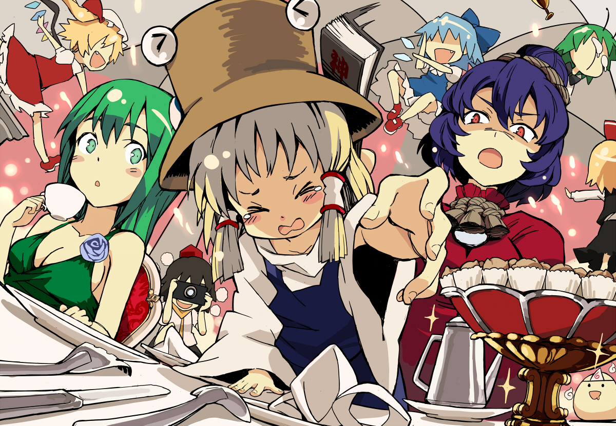alongriver, black_hair, blonde_hair, blue_hair, book, camera, cirno, fairy